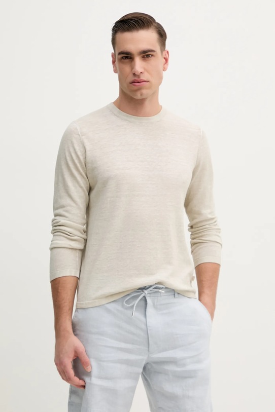 Lněný svetr Michael Kors kulatý béžová CS560FW687