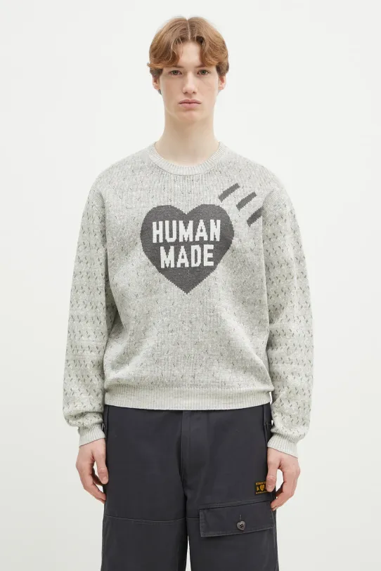 Пуловер с лен Human Made Heart Knit Sweater шарен сив HM29CS002