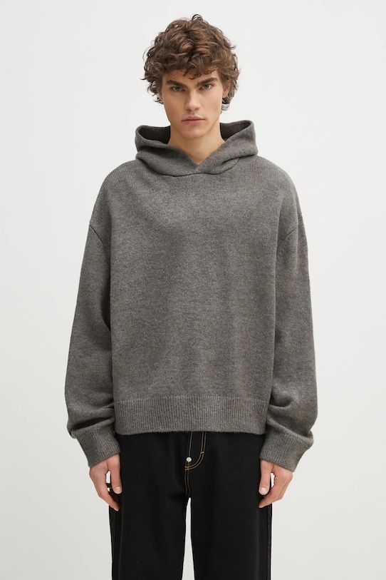 Sveter s prímesou vlny MKI MIYUKI ZOKU Mohair Blend Knit Hoody melanž sivá MOHAIR.BLEND.KNIT.HO.BR