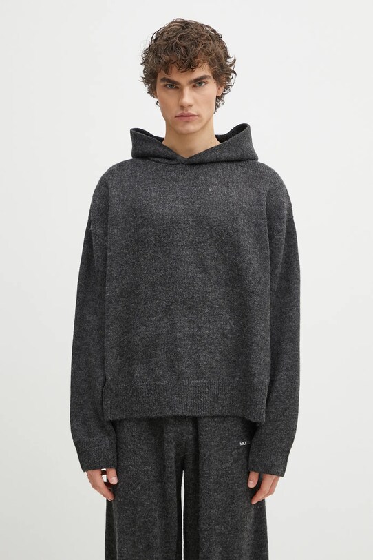 MKI MIYUKI ZOKU pulover din amestec de lana Mohair Blend Knit Hoody grosime medie gri MOHAIR.BLEND.KNIT.HO.BL