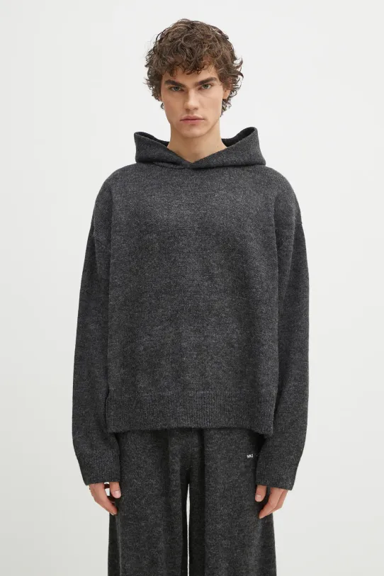 Svetr z vlněné směsi MKI MIYUKI ZOKU Mohair Blend Knit Hoody hladký šedá MOHAIR.BLEND.KNIT.HO.BL