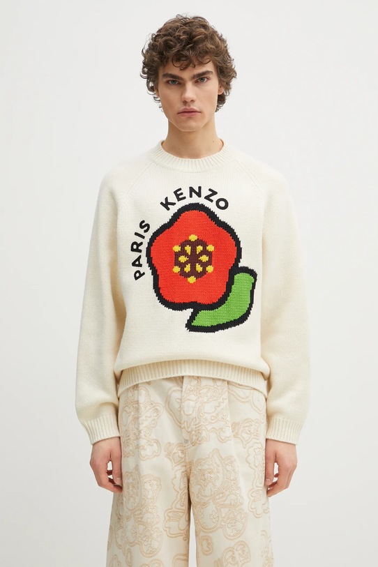 Kenzo sweter wełniany Pop okrągły beżowy FF55PU7223LA.02