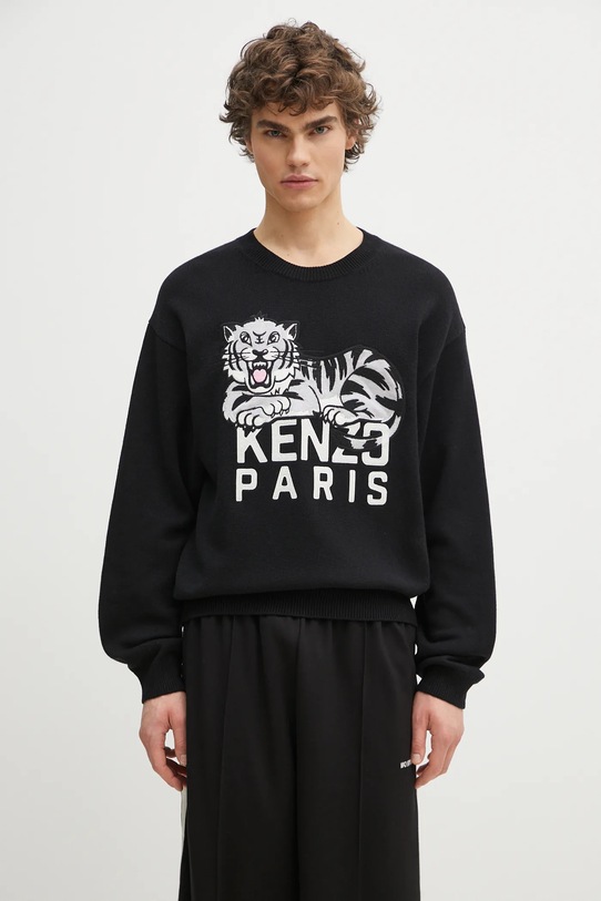 Kenzo sweter wełniany Happy Tiger okrągły czarny FF55PU7273LD.99J