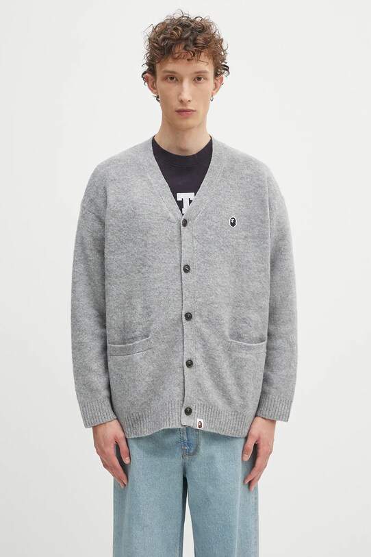 A Bathing Ape kids' linen blend cardigan One point wool-blend gray 1K80120004