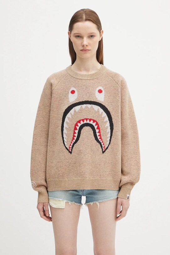A Bathing Ape sweter wełniany Shark okrągły beżowy 1K80220004