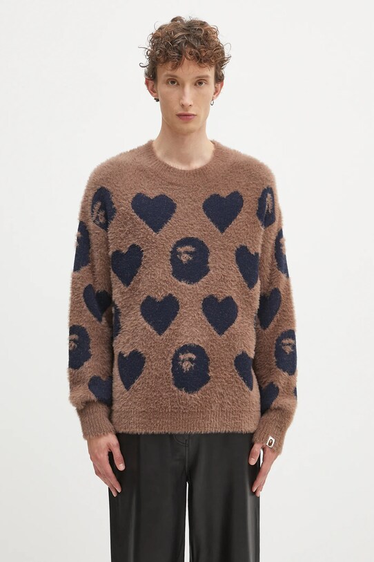 Svetr z vlněné směsi A Bathing Ape I love bape monogram vzorovaný hnědá 1K80220006