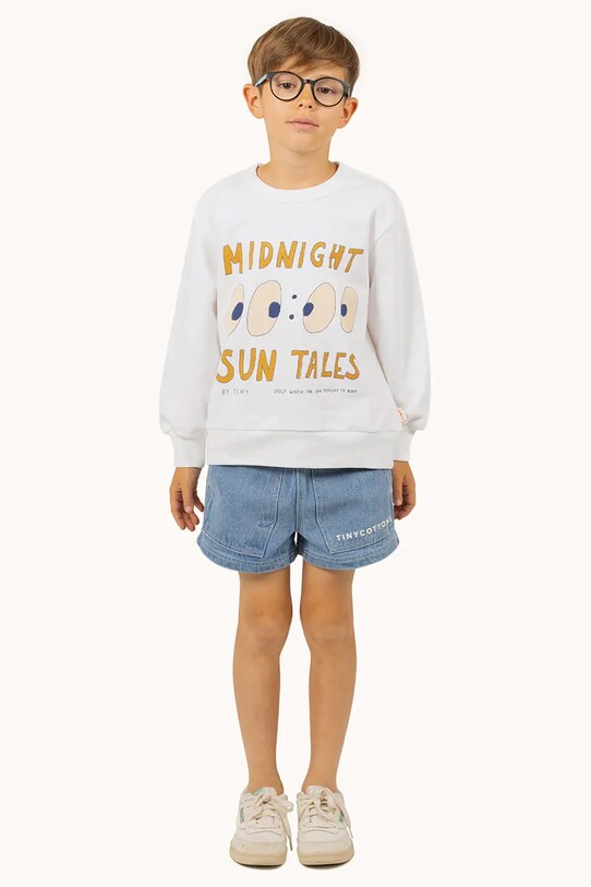 Момче Детски памучен къс панталон Tinycottons GRAPHIC DENIM SHORT SS25.242 син