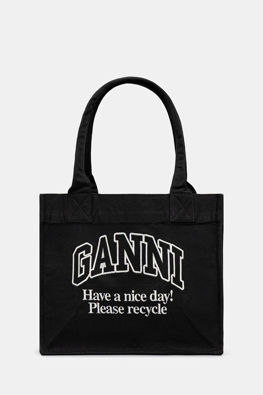 GANNI geantă de bumbac Large Easy Shopper Contrasted Logo imprimeu negru A6647