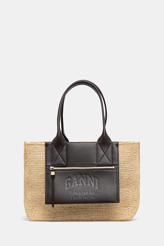 Τσάντα GANNI Easy Shopper Medium Raffia πλεκτό καφέ A6823