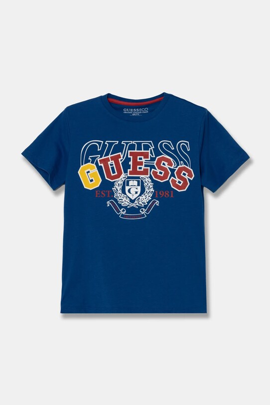 Παιδικό βαμβακερό μπλουζάκι Guess στάμπα μπλε N5RI00.K8HM4.PPYA