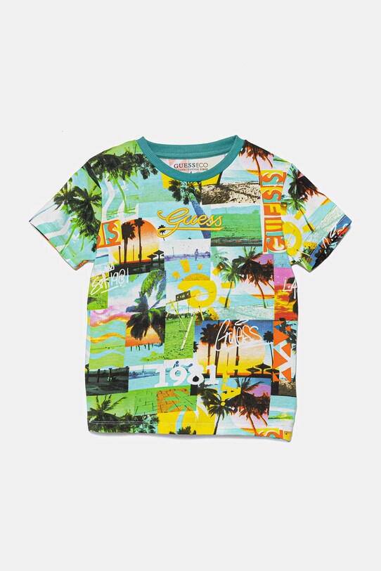 Guess t-shirt bawełniany dziecięcy wzorzyste turkusowy N5GI19.K8HM4.PPYA