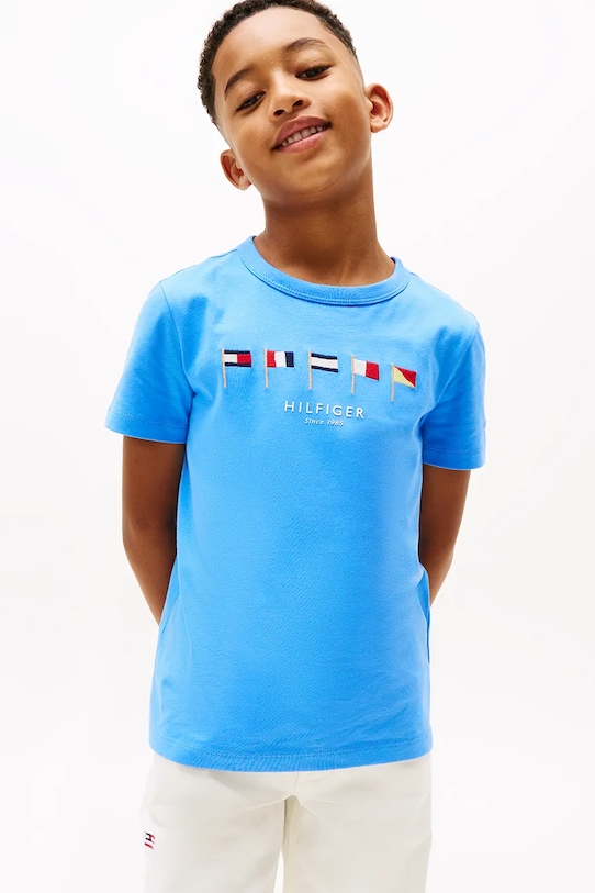Dječja pamučna majica kratkih rukava Tommy Hilfiger natpis plava KB0KB09532.116.122.PPYA