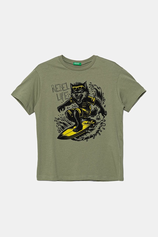 United Colors of Benetton t-shirt bawełniany dziecięcy nadruk zielony 3JERC10PE.G.Seasonal