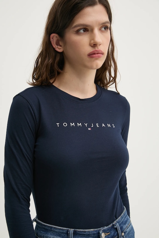 Памучна блуза с дълги ръкави Tommy Jeans вталена тъмносин DW0DW19434