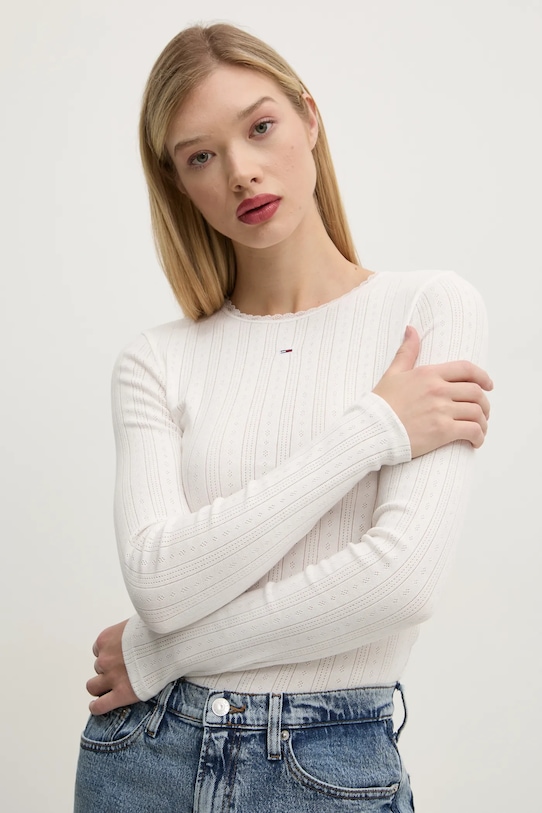 Tommy Jeans longsleeve din bumbac uni alb DW0DW19503