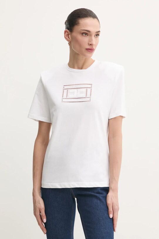 Памучна тениска Elisabetta Franchi щампа бял MA01651E2