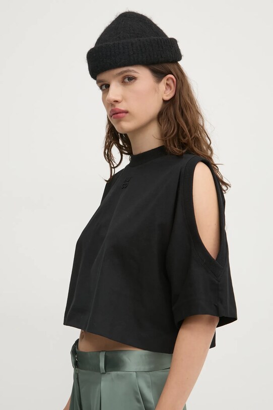 Bavlněné tričko HUGO kulatý černá 50530453