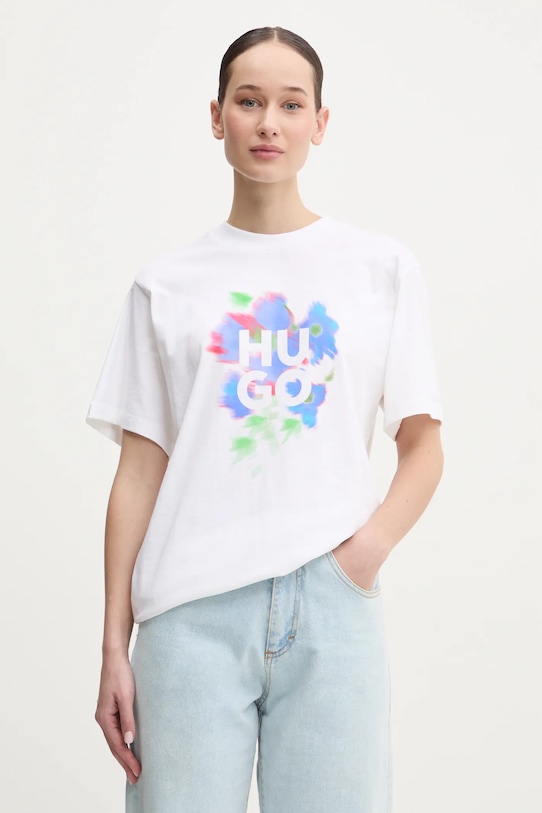 Bavlněné tričko HUGO kulatý bílá 50534545