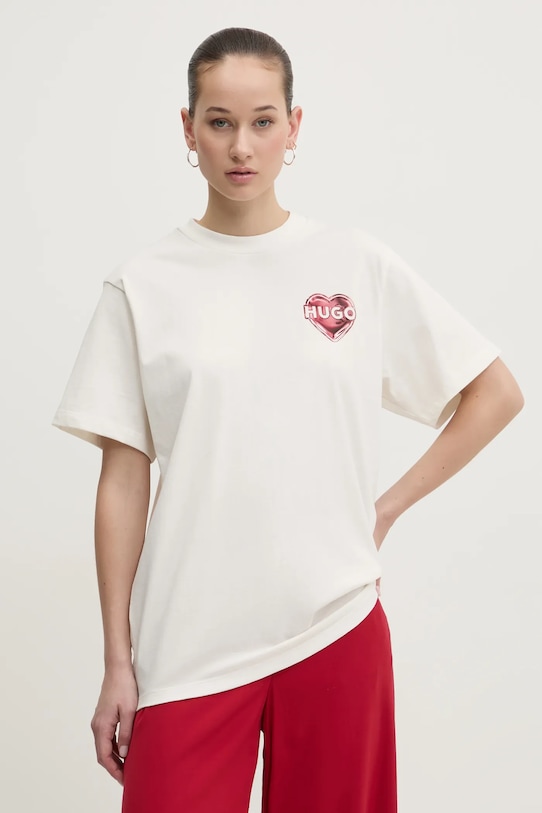 HUGO t-shirt bawełniany nadruk beżowy 50534545