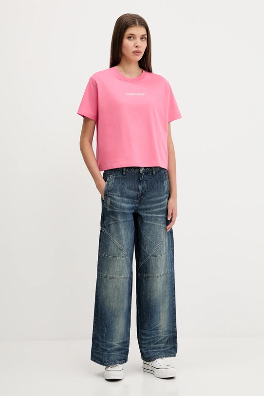 Bombažna kratka majica Guess Jeans W5RI42.K8HM0 roza SS25