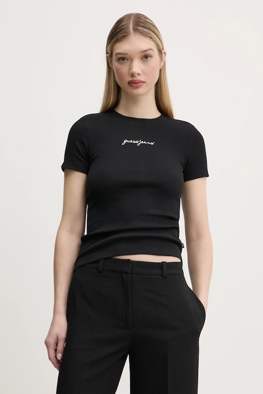 Μπλουζάκι Guess Jeans με ελαστάν μαύρο W5RI57.KA0H1