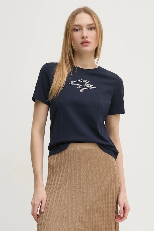 Bavlnené tričko Tommy Hilfiger potlač tmavomodrá WW0WW43895