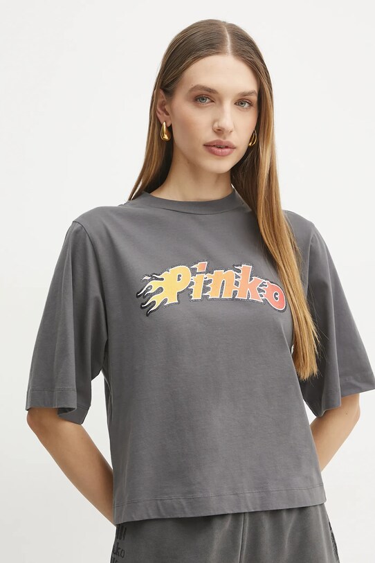 Памучна тениска Pinko свободна сив 104604.A2D9