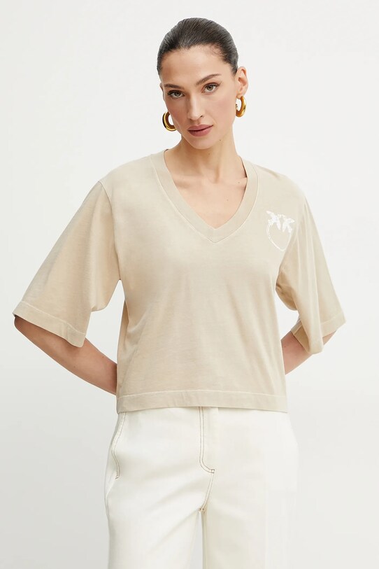 Pinko t-shirt bawełniany nadruk beżowy 104606.A2D0