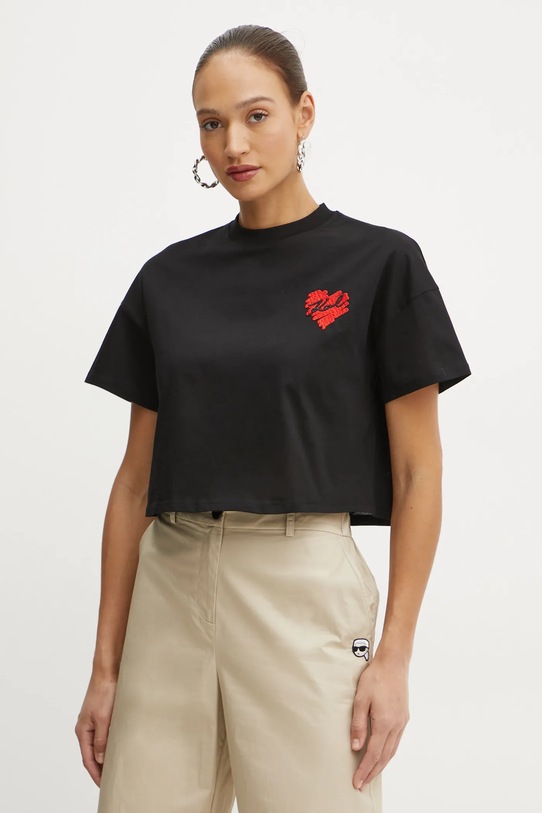 Bavlněné tričko Karl Lagerfeld kulatý černá A1W17074