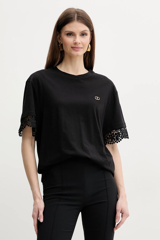Twinset tricou din bumbac uni negru 251TT2410