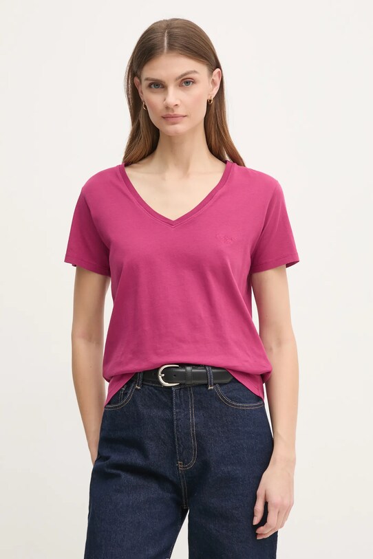 Pepe Jeans tricou din bumbac LOLLY V-NECK uni roz PL505999