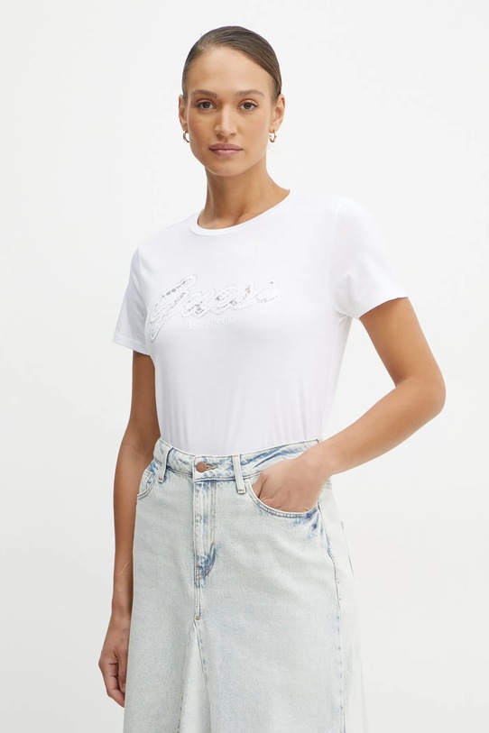 Guess tricou din bumbac imprimeu alb W5RI08.K9RM1