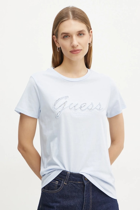 Памучна тениска Guess щампа син W5RI08.K9RM1