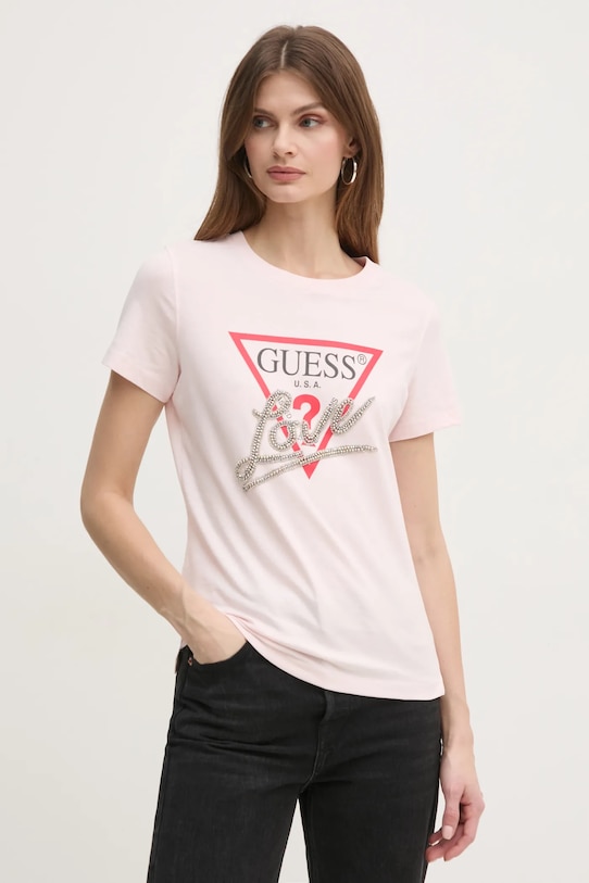 Guess tricou din bumbac imprimeu roz W5RI10.I3Z14