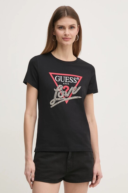 Guess tricou din bumbac imprimeu negru W5RI10.I3Z14