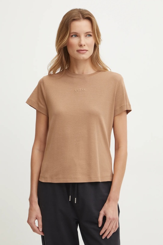 Bavlněné tričko Guess GELSEY nášivka hnědá V5RI14.KCOI1