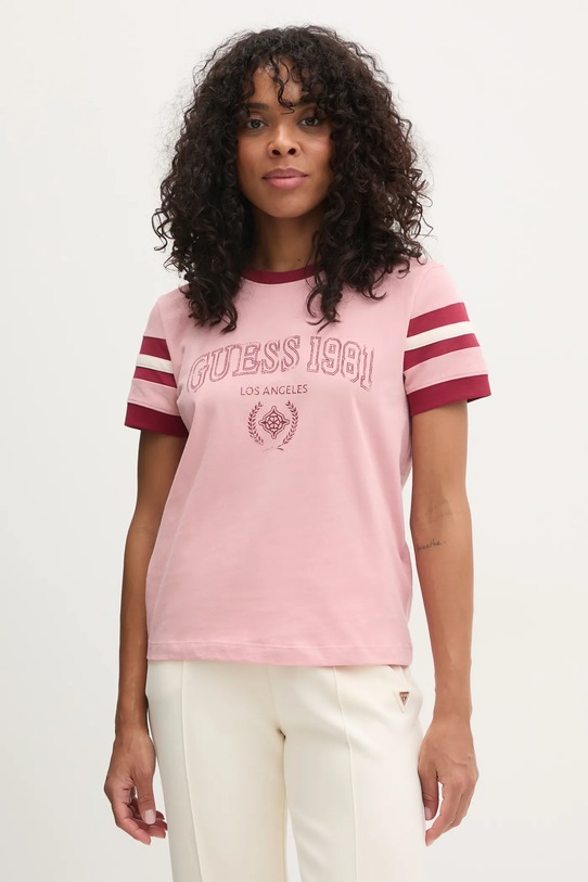 Bavlněné tričko Guess SUZANNE potisk růžová V5RI00.KA260