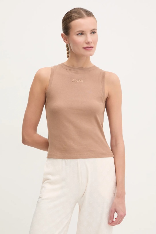 Памучен топ Guess GELSEY вталена кафяв V5RP14.KCOI1