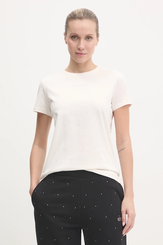 Μπλουζάκι Guess RHINESTONES απλικέ μπεζ V5RI18.I3Z14