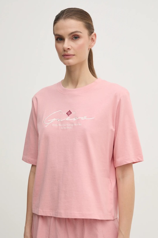Guess tricou din bumbac imprimeu roz V5RI12.I3Z14
