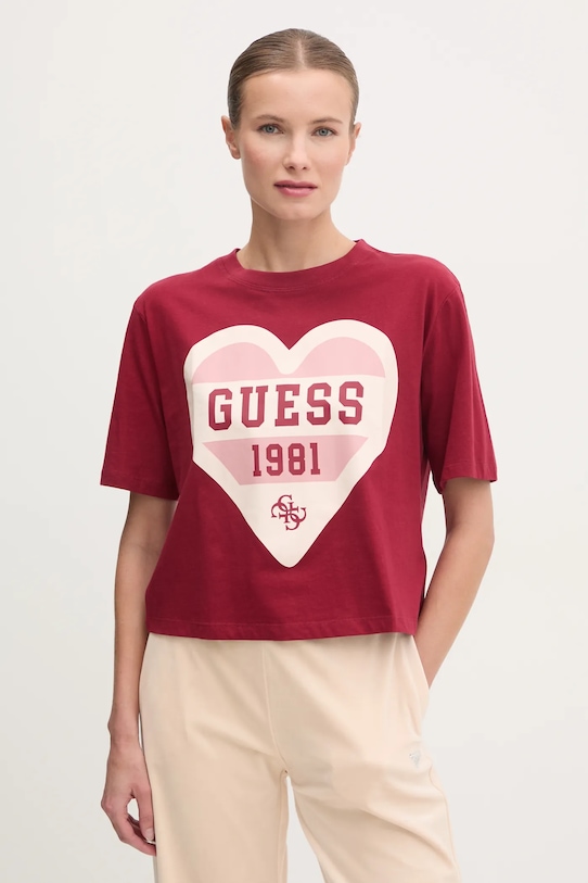 Guess tricou din bumbac MONICA print burgundia V5RI01.I3Z14