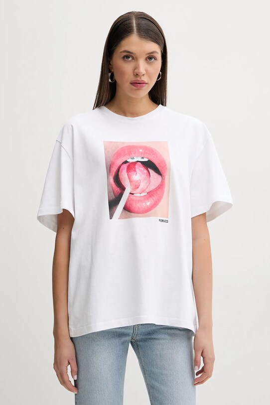 Памучна тениска Fiorucci Lollipop Mouth Print Boxy T-Shirt свободна бял U02SPTSH103CJ01WH09