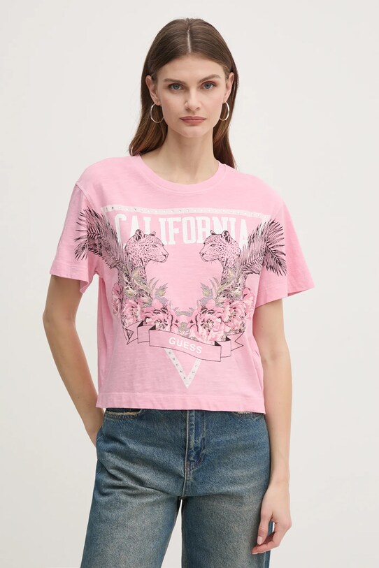 Хлопковая футболка Guess хлопок розовый W5RI13.K6XN4
