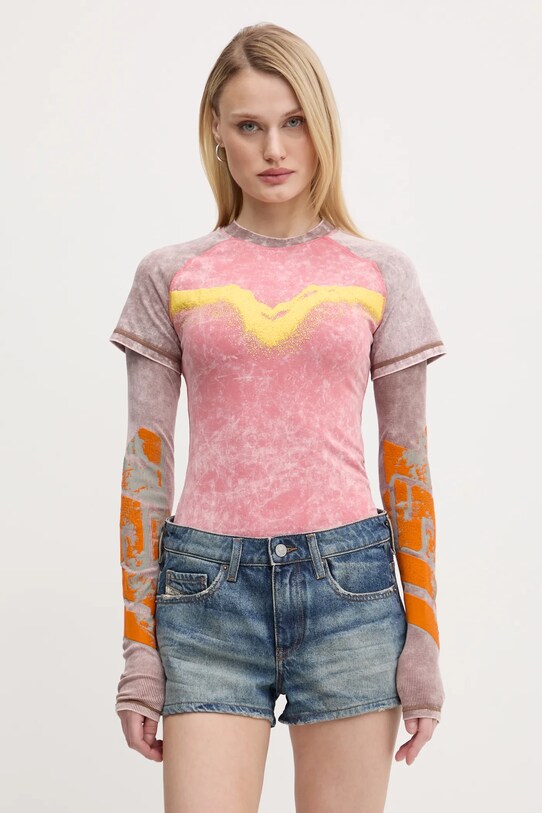 Bavlnené tričko s dlhým rukávom Diesel T-IRONICA T-SHIRT potlač ružová A16635.0SLBB