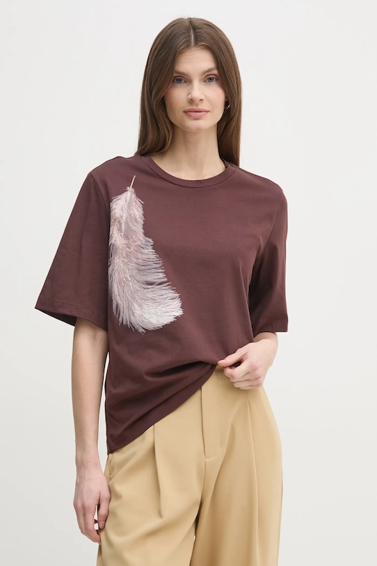 Bavlněné tričko Sisley kulatý hnědá 3I1XL106R