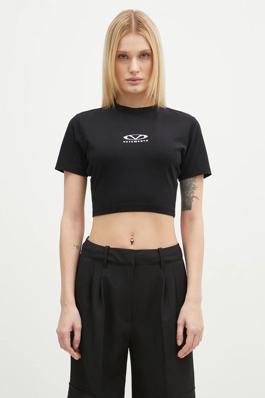 VETEMENTS t-shirt Oval Logo Cropped Fitted slim black WA66TR700BW