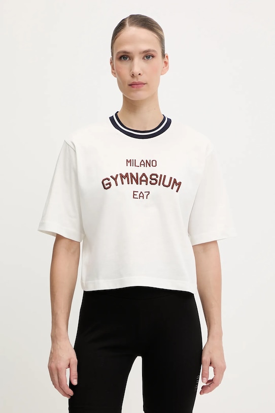 Βαμβακερό μπλουζάκι EA7 Emporio Armani απλικέ λευκό AF13243.7W000148