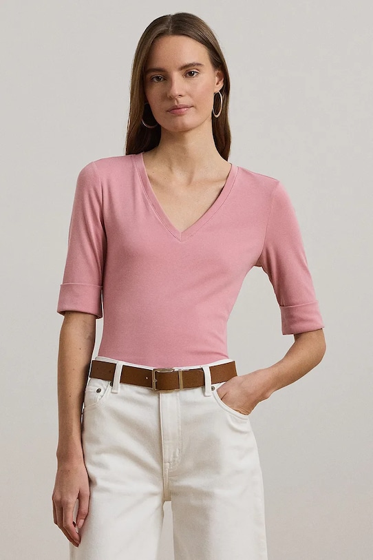 Памучна тениска Lauren Ralph Lauren вталена розов 200815843