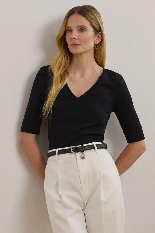 Памучна тениска Lauren Ralph Lauren вталена черен 200815843