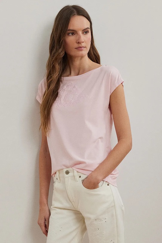 Памучна тениска Lauren Ralph Lauren щампа розов 200963873